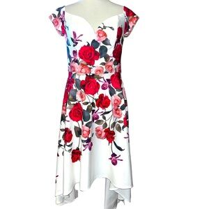 White high low dress, sweetheart neckline, rose print detailing, stretchy fabric